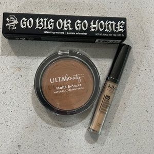 Go big or go home volumizing mascara, NYX studio concealer & ulta beauty bronzer